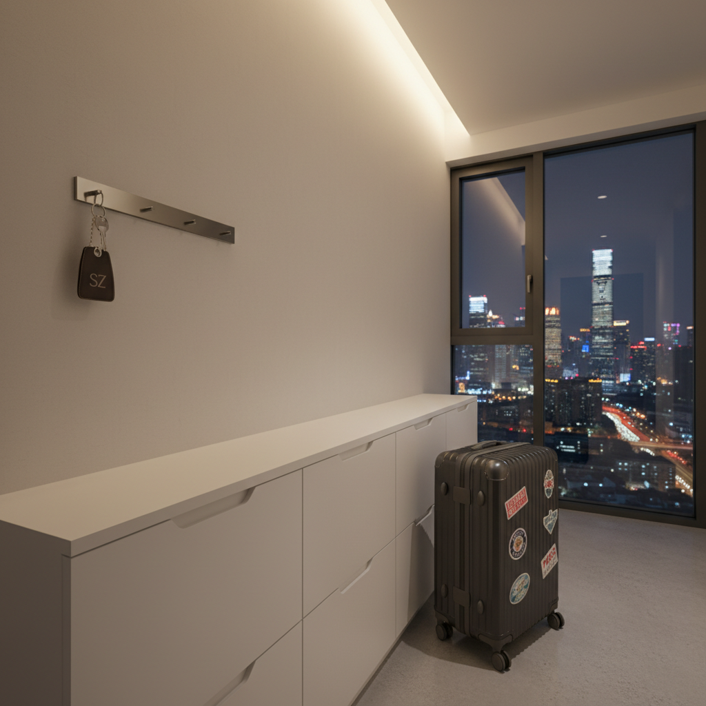 A tidy modern apartment entryway designed for an expat arriving in Shenzhen, featuring a minimal white shoe cabinet, a dark charcoal suitcase with airport stickers referencing major world cities, and a sleek metal key hook holding a single key on a leather fob embossed with a subtle SZ monogram. A large floor-to-ceiling window reveals a softly blurred night skyline dotted with LED building lights. Warm, indirect interior lighting creates a calm, settled glow, with gentle reflections on the suitcase’s hard shell. Photographic realism from a slightly low, three-quarter angle emphasizes the sense of arrival and new beginnings. The mood is hopeful, professional, and composed, perfect for illustrating relocation and first days in the city.