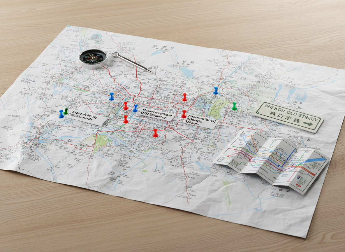 A large, detailed city map of Shenzhen printed on matte white paper, spread flat across a light oak table, with colorful pushpins marking key expat-friendly neighborhoods, international schools, and business hubs. A slim metallic compass, a bilingual street-sign card in English and Chinese, and a neatly folded metro map lie nearby, adding layers of information. Soft overhead studio lighting creates even illumination, with subtle shadows along the paper’s edges. The composition is photographed from a slightly elevated angle, using photographic realism and sharp focus to capture every printed label. The atmosphere is analytical yet accessible, conveying clarity and confident navigation for new expats researching where to live and work in Shenzhen.