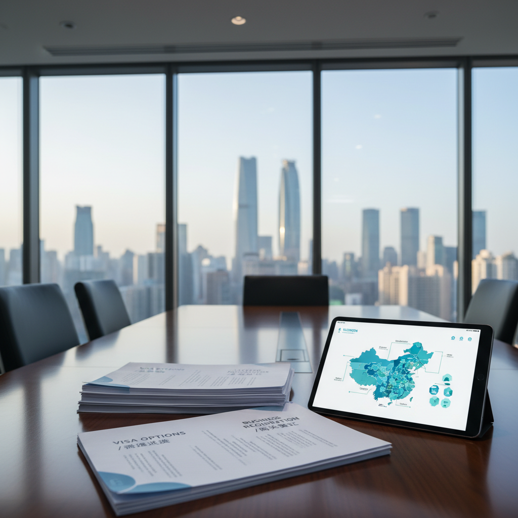 A polished conference table in a high-rise Shenzhen office, set with neatly stacked bilingual documents labeled “Visa Options,” “Housing Contracts,” and “Business Registration,” each printed on crisp white paper with subtle blue accents. Beside them, an open tablet displays a clean infographic of Shenzhen’s key districts. Through the floor-to-ceiling glass wall beyond the table, the city’s futuristic skyscrapers appear in soft focus. Cool afternoon daylight streams in, balanced by understated ceiling lights that add clarity without glare. Photographic realism, captured from a slightly elevated side angle using the rule of thirds, keeps the documents in sharp focus while the skyline recedes. The mood is authoritative, methodical, and supportive, ideal for showcasing professional resources for expats.